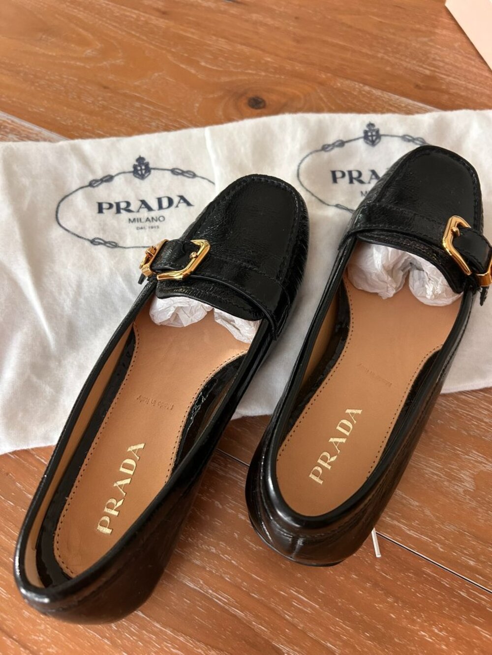 Prada Black Patent Leather Gold Buckle Loafers EU 36.5